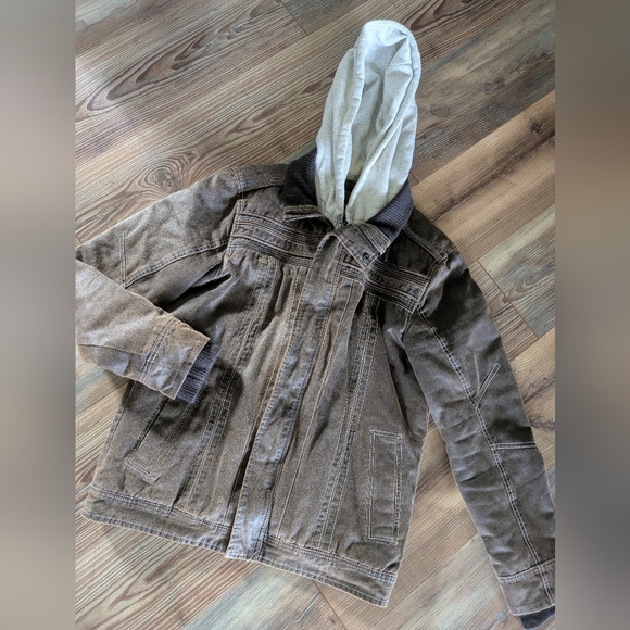 BKE Athletic Fit Buckle Mens Vintage Brown Faux Leather Hooded Coat Jacket Med - Picture 1 of 16